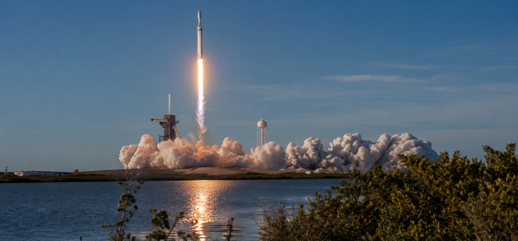 SpaceX rocket lifts off from a coastal launch pad, trailing flames and thick smoke.